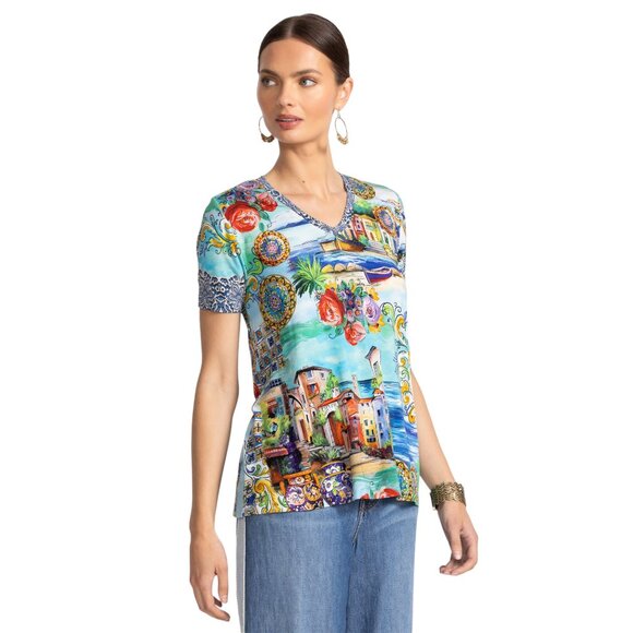 Johnny Was Janie Favorite Christy Short Swing Tee Floral Shirt Green Blue Top NW - Picture 2 of 9